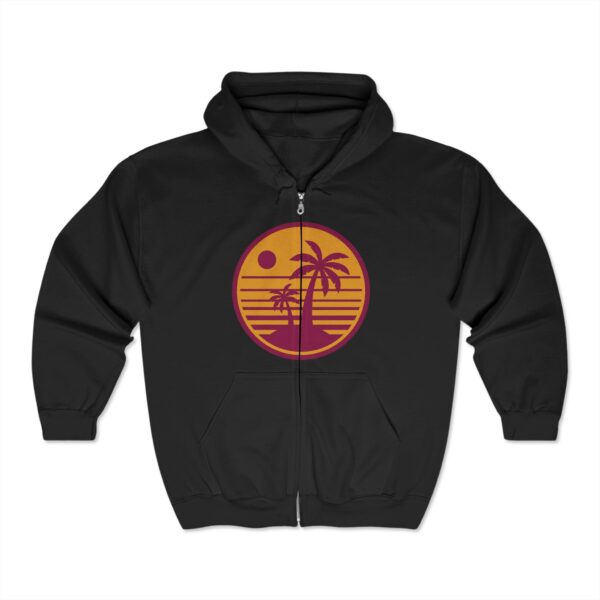 Sunset Palm Tree Full Zip Hoodie - Retro Vibe for Beach Lovers